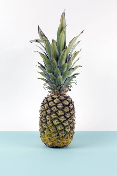 Игривый ананас на поп-двухцветном фоне бирюзовый и белый, как горизонт. Минимальный дизайн натюрморта
. - Фото, изображение