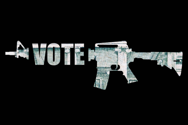 Inscription vote pistolet avec de l'argent à l'intérieur sur fond noir
 - Photo, image