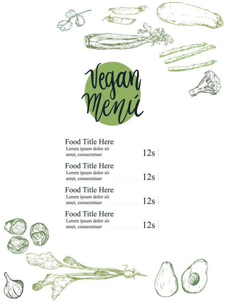 Kuchnia wegetariańska menu Projekt. Ręcznie rysowane eko zielone warzywa żywności ilustracja menu. Może być używany dla wegan menu eko żywności, zaproszenia. - Wektor, obraz
