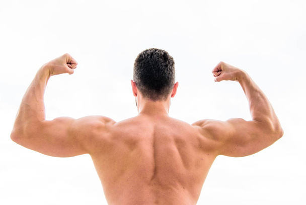Achieve success. Successful athlete. Victory and success. Champion and winner concept. Sport motivation. Man celebrating success. Bodybuilder strong muscular back feeling powerful and superior - Φωτογραφία, εικόνα