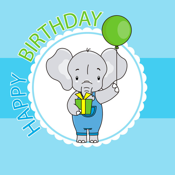 Boy birthday card. Cute elephant with a gift and a balloon - Вектор,изображение