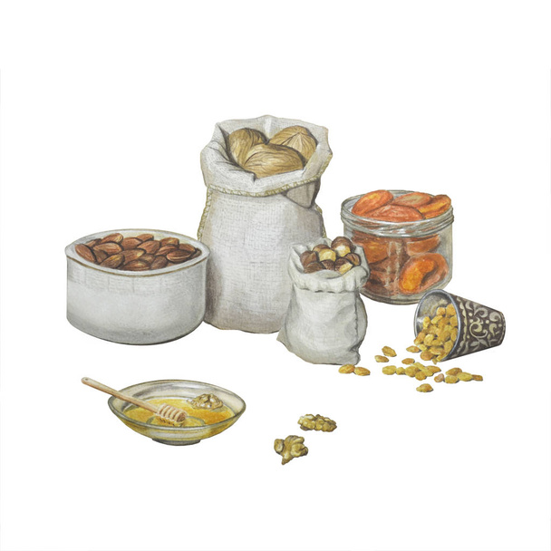 Schöne Illustration mit Nüssen und Trockenfrüchten in Tellern und Säcken.  - Foto, Bild