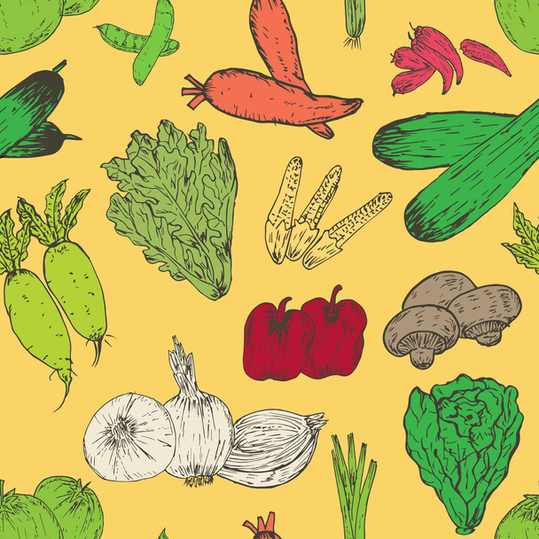 Patrón sin costura con fondo de verduras dibujadas a mano. Hierbas y especias orgánicas. Dibujos de alimentos saludables patrón vector ilustración
. - Vector, imagen