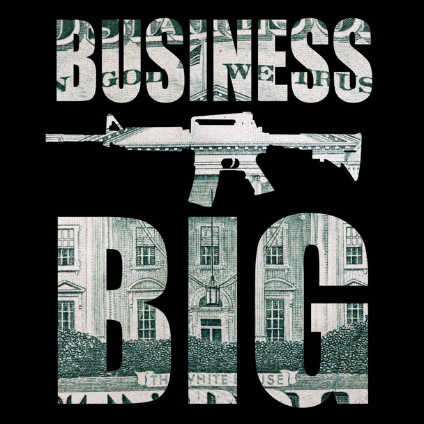 Inscripción de gran empresa con pistola y dinero en el interior sobre fondo negro
 - Foto, Imagen