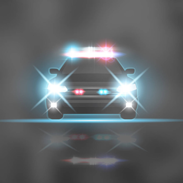 Samochód policyjny z reflektorów i syreny na nocnej drodze. Specjalne czerwone i niebieskie belki świetlne - Wektor, obraz