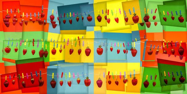 Abstracte collage met rijpe aardbeien op een touw met wasknijpers - Foto, afbeelding