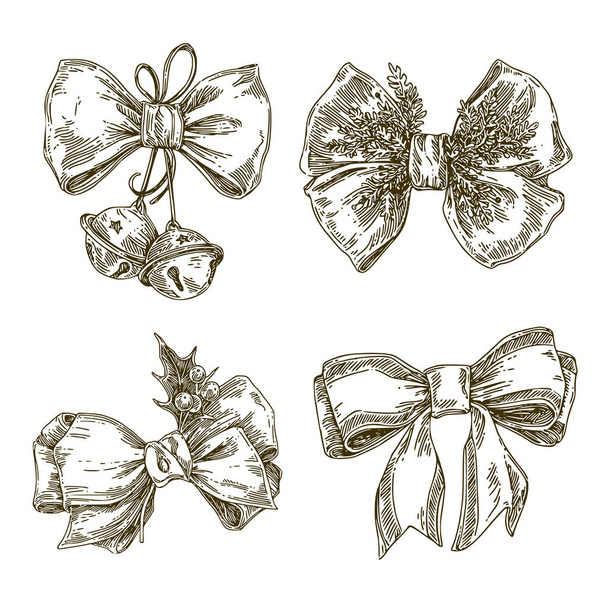Beautiful set of bows with Christmas forest elements. - Vector, afbeelding
