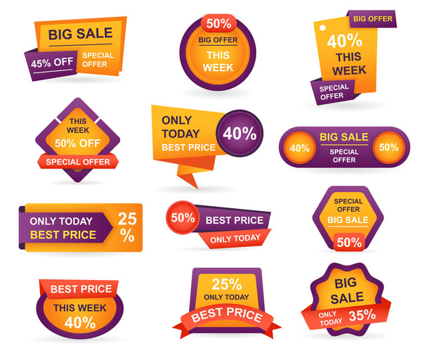 Set of retail sale tags. Stickers best offer price and big sale pricing tag badge design. Limited sales offer label or store discount banner card isolated. Shopping coupon. Vector illustration. - Vector, Image