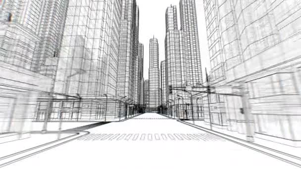 Ψηφιακά άδειοι δρόμοι στην αφηρημένη πόλη Προχωρώντας μέσα από την απρόσκοπτη ψηφιακή 3D προσχέδιο για το λευκό. Επιχειρηματική και τεχνολογική αντίληψη. Κινούμενη εικόνα 3D βρόχου. 4K UHD 3840x2160. - Πλάνα, βίντεο