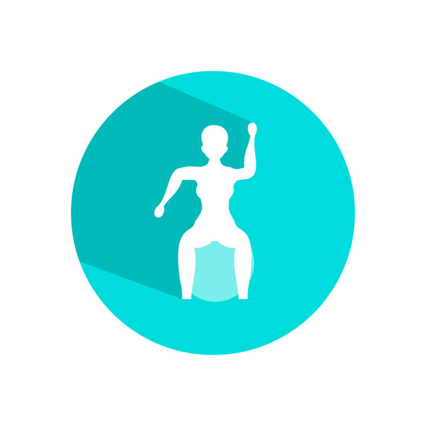 Mujer haciendo ejercicios con pelota. Icono de círculo con sombra larga y símbolo de vector plano
. - Vector, imagen