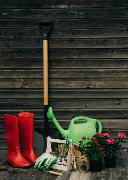 Φτυάρι, πότισμα μπορεί, καπέλο, μπότες από καουτσούκ, κουτί των λουλουδιών, γάντια και εργαλεία κήπου - Φωτογραφία, εικόνα