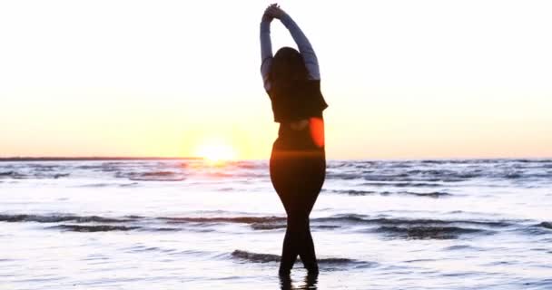 Une jeune femme sur le fond du coucher de soleil le soleil sur le bord de la mer fait des exercices exercés en courant, en s'étirant et en s'effondrant, La fille à la mer fait du yoga. Portrait de : Mouvement lent, Coucher de soleil. - Séquence, vidéo