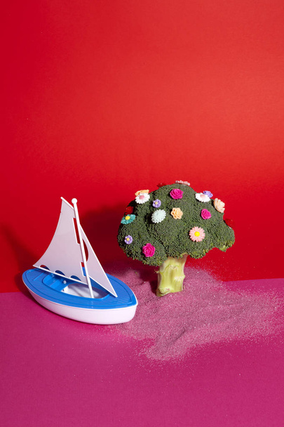 rosa flores de brócoli rojo y barco de juguete
 - Foto, imagen