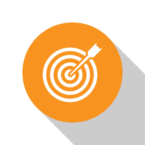 White Target with arrow icon isolated on white background. Dart board sign. Archery board icon. Dartboard sign. Business goal concept. Orange circle button. Flat design. Vector Illustration - Vector, Image