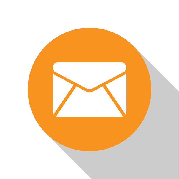 Icono de sobre blanco aislado sobre fondo blanco. Mensaje de correo electrónico símbolo de letra. Botón círculo naranja. Diseño plano. Ilustración vectorial
 - Vector, Imagen