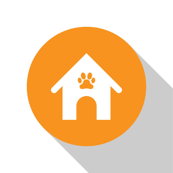 Casa de perro blanco e icono de mascota de impresión de pata aislado sobre fondo blanco. Una perrera. Botón círculo naranja. Ilustración vectorial
 - Vector, imagen