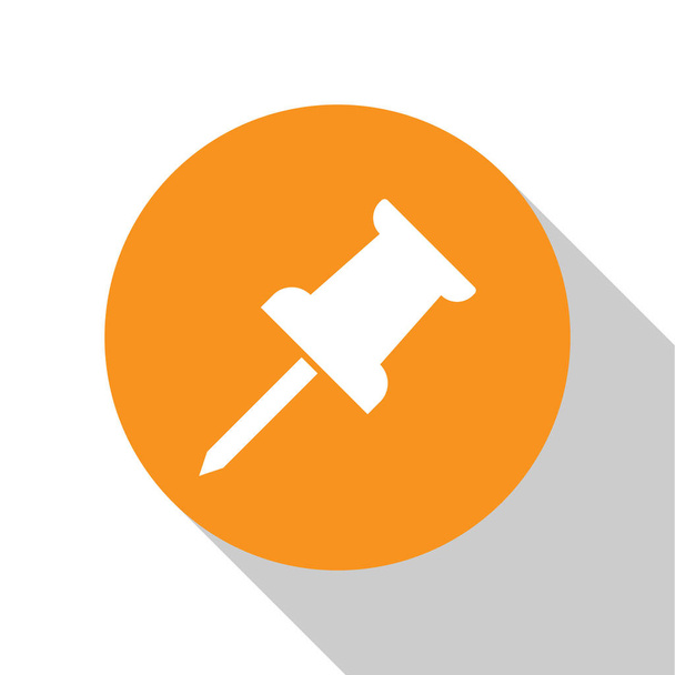 Icono de pin de empuje blanco aislado sobre fondo blanco. Signo de chinchetas. Botón círculo naranja. Diseño plano. Ilustración vectorial
 - Vector, Imagen