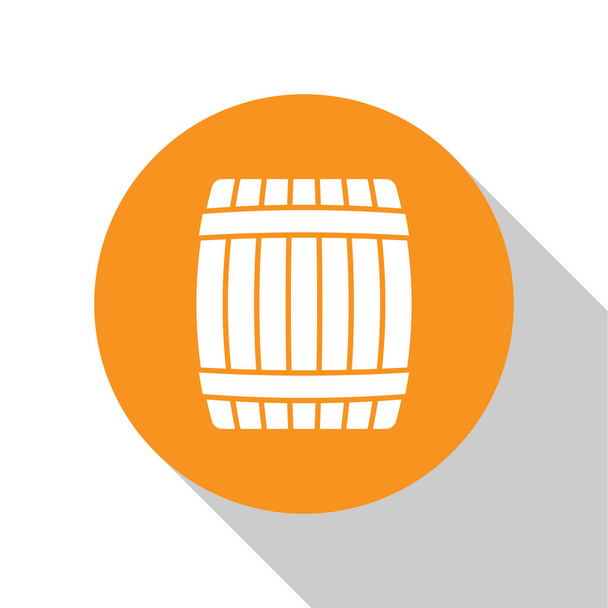 Λευκό ξύλινο εικονίδιο βαρέλι απομονωθεί σε λευκό φόντο. Πορτοκαλί κουμπί κύκλου. Επίπεδη σχεδίαση. Απεικόνιση διανυσματικών φορέων - Διάνυσμα, εικόνα