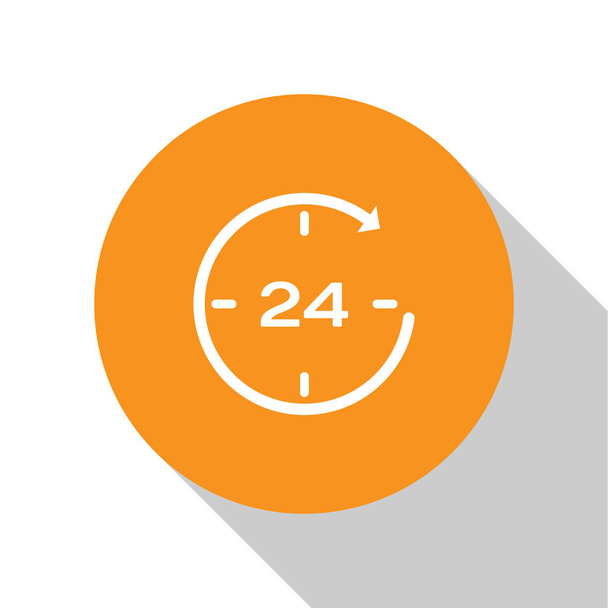 Λευκό ρολόι 24 ώρες εικονίδιο απομονώνεται σε λευκό φόντο. Όλη την ημέρα κυκλικό εικονίδιο. 24 ώρες σύμβολο σέρβις. Πορτοκαλί κουμπί κύκλου. Επίπεδη σχεδίαση. Απεικόνιση διανυσματικών φορέων - Διάνυσμα, εικόνα