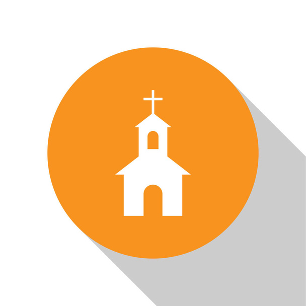Icono del edificio de la Iglesia Blanca aislado sobre fondo blanco. Iglesia Cristiana. Religión de la iglesia. Botón círculo naranja. Diseño plano. Ilustración vectorial
 - Vector, Imagen