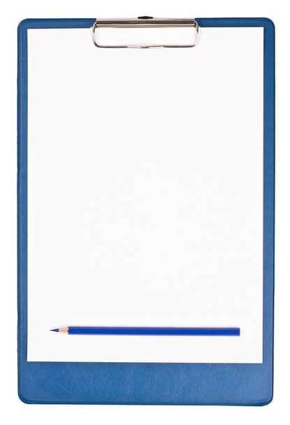 Blank clipboard isolated on white with blue pencil - Foto, Imagem