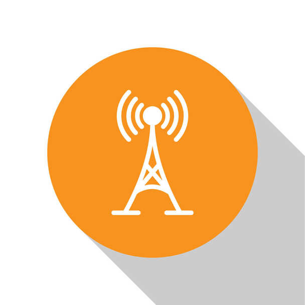Icona dell'antenna bianca isolata su sfondo bianco. antenna radio wireless. Tecnologia e antenna radio segnale di rete. Pulsante cerchio arancione. Design piatto. Illustrazione vettoriale
 - Vettoriali, immagini