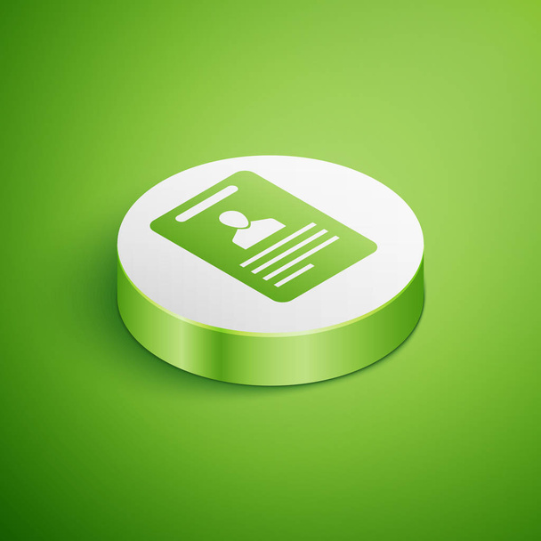 Isometric Identification badge icon isolated on green background. It can be used for presentation, identity of the company, advertising. White circle button. Vector Illustration - Vector, Image