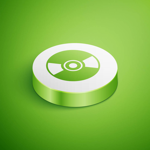 Icono de CD o DVD isométrico aislado sobre fondo verde. Signo de disco compacto. Botón círculo blanco. Ilustración vectorial
 - Vector, imagen