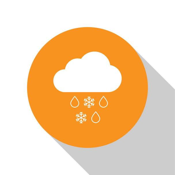 白い背景に隔離された雪と雨のアイコンを持つ白い雲。天気アイコン。オレンジ色の円ボタン。フラットなデザイン。ベクトルイラストレーション - ベクター画像