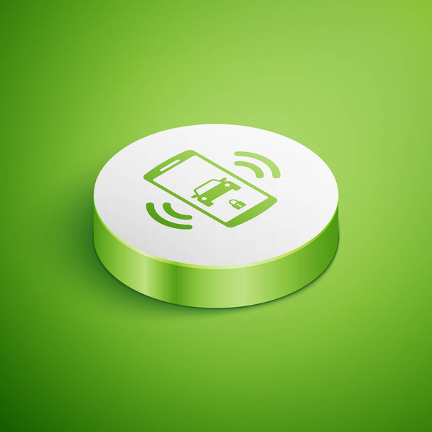 Yeşil arka planda izole edilmiş İzometrik Akıllı araç alarm sistemi simgesi. Akıllı telefon kablosuz araç güvenliğini kontrol eder. Beyaz daire düğmesi. Vektör İllüstrasyonu - Vektör, Görsel