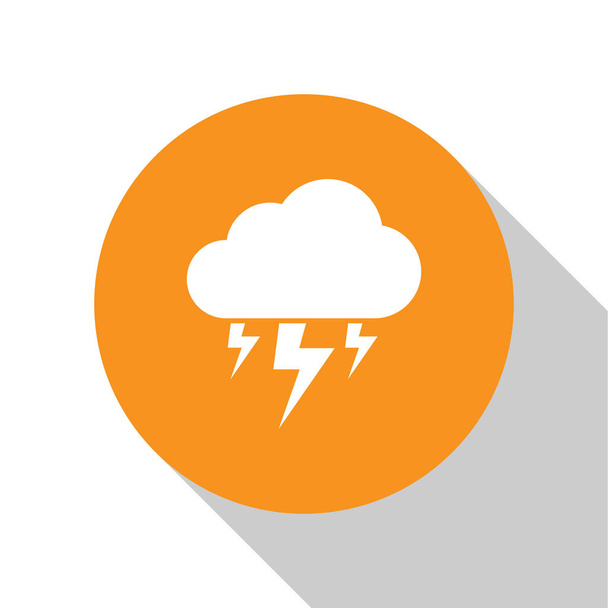 Icono de tormenta blanca aislado sobre fondo blanco. Nube y relámpago. Icono del tiempo de tormenta. Botón círculo naranja. Diseño plano. Ilustración vectorial
 - Vector, Imagen