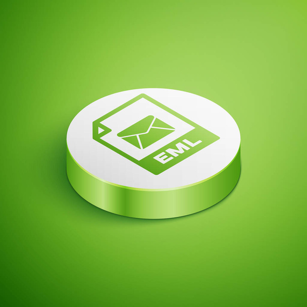 Ikona souboru isometrického dokumentu EML. Ikona tlačítka Stáhnout EML je izolovaná na zeleném pozadí. Symbol souboru EML. Tlačítko Bílého kruhu. Vektorová ilustrace - Vektor, obrázek