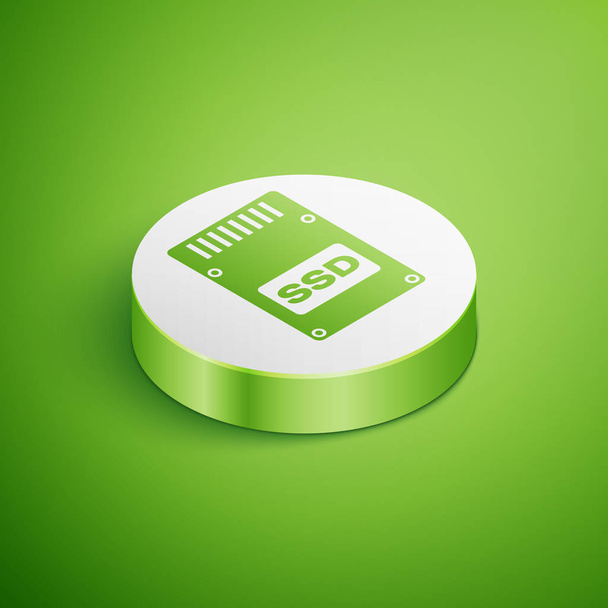 Изометрическая иконка SSD-карты изолирована на зеленом фоне. Знак жесткого диска. Символ диска хранения. Кнопка белого круга. Векторная миграция
 - Вектор,изображение
