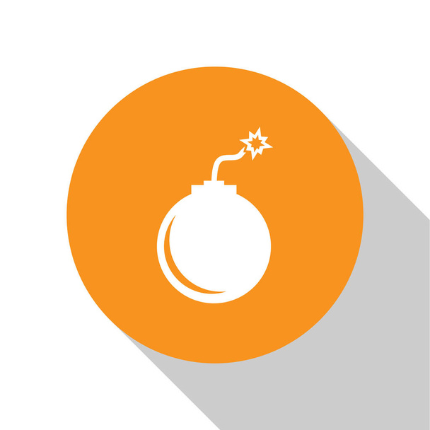 weiße Bombe bereit zur Explosion Symbol isoliert auf weißem Hintergrund. orange Kreis-Taste. flache Bauweise. Vektorillustration - Vektor, Bild