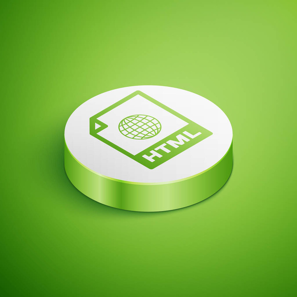 アイソメ Html ファイル ドキュメント アイコン。緑色の背景に分離されたhtmlボタンアイコンをダウンロードします。HTML ファイルシンボル。マークアップ言語記号。白い円のボタン。ベクトルイラストレーション - ベクター画像