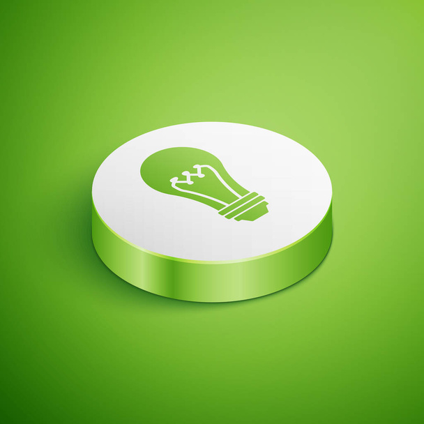 İzometrik Ampul simgesi yeşil arka plan üzerinde izole. Enerji ve fikir sembolü. Lamba elektrikli. Beyaz daire düğmesi. Vektör İllüstrasyonu - Vektör, Görsel