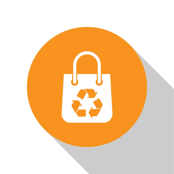 Bolsa de compras White Paper con icono de reciclaje aislado sobre fondo blanco. Bolsa con símbolo de reciclaje. Botón círculo naranja. Ilustración vectorial
 - Vector, Imagen