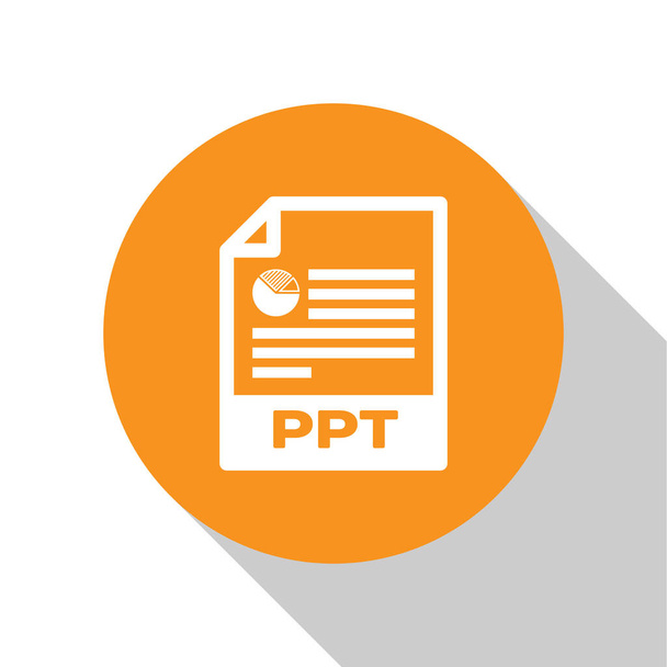Icono de documento de archivo PPT blanco. Descargar icono del botón ppt aislado sobre fondo blanco. Presentación del archivo PPT. Botón círculo naranja. Ilustración vectorial
 - Vector, imagen