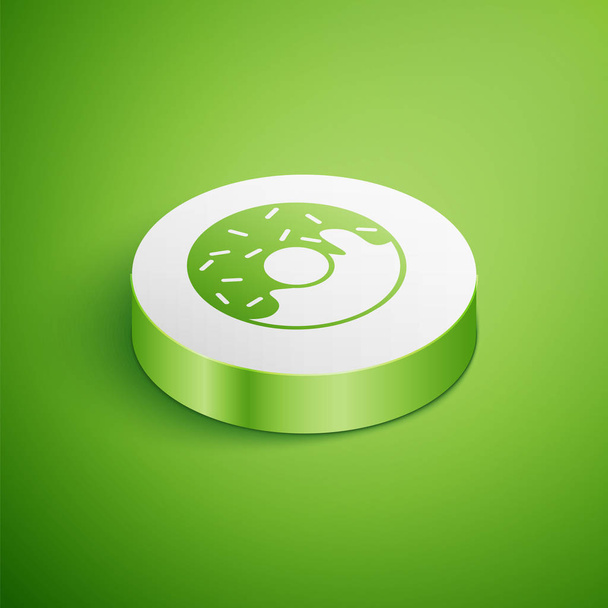 緑の背景に分離された甘い釉薬のアイコンを持つアイソメドーナツ。白い円のボタン。ベクトルイラストレーション  - ベクター画像