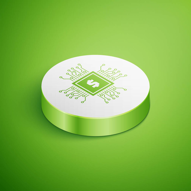 Isometric Processor chip with dollar icon isolated on green background. CPU, central processing unit, microchip, microcircuit, computer processor, chip. White circle button. Vector Illustration - Vector, Image