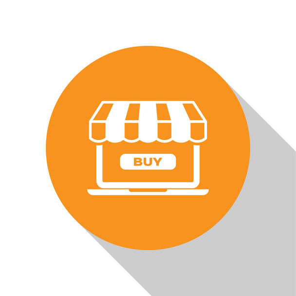 Blanco Concepto de compras en línea. Comprar en pantalla icono portátil aislado sobre fondo blanco. Concepto e-commerce, e-business, marketing online. Botón círculo naranja. Ilustración vectorial
 - Vector, imagen