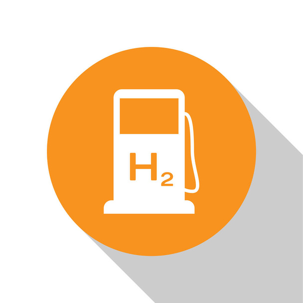 Icône de station de remplissage d'hydrogène blanc isolé sur fond blanc. Panneau de gare H2. Bouton rond orange. Illustration vectorielle
 - Vecteur, image