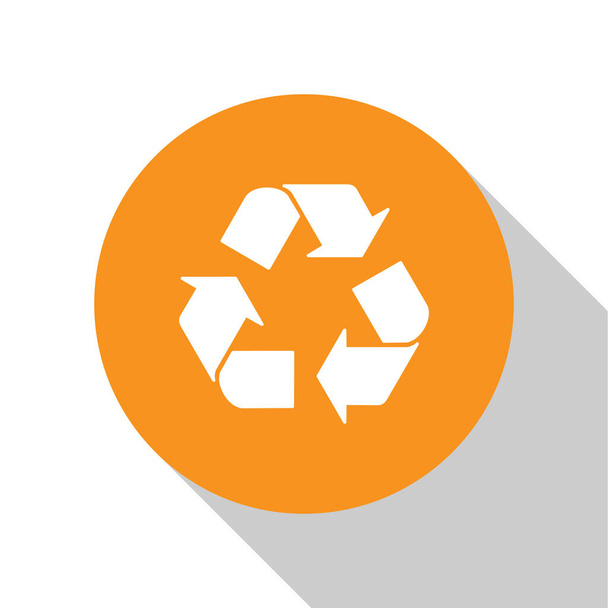 白いリサイクルシンボルアイコンは、白い背景に分離されています。円形の矢印アイコン。環境リサイクル可能な緑色に行きます。オレンジ色の円ボタン。ベクトルイラストレーション - ベクター画像