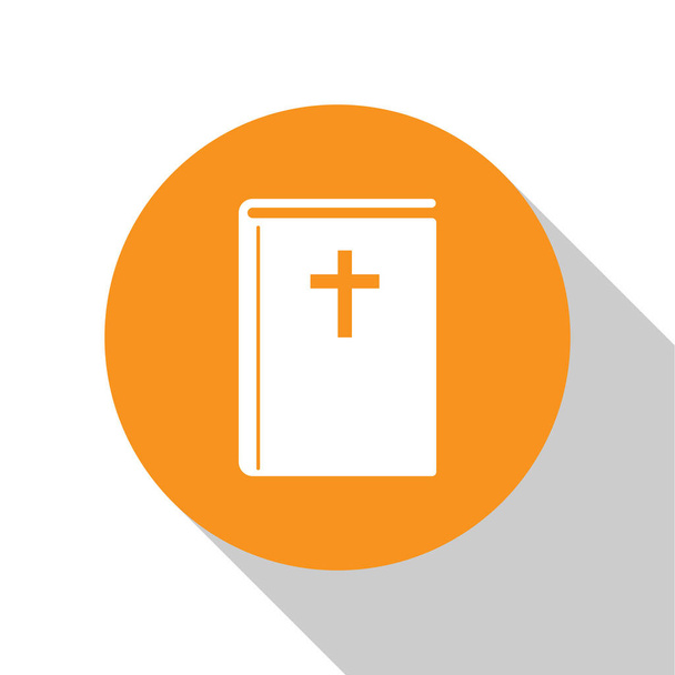 Biała święta Biblia ikona książki na białym tle. Pomarańczowy przycisk koła. Płaska konstrukcja. Ilustracja wektorowa - Wektor, obraz
