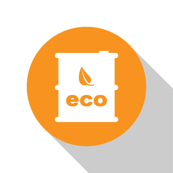Bílá bio palivová ikona na bílém pozadí. Eko bio a kanystr. Zelené prostředí a recyklace. Oranžový kroužek. Vektorová ilustrace - Vektor, obrázek