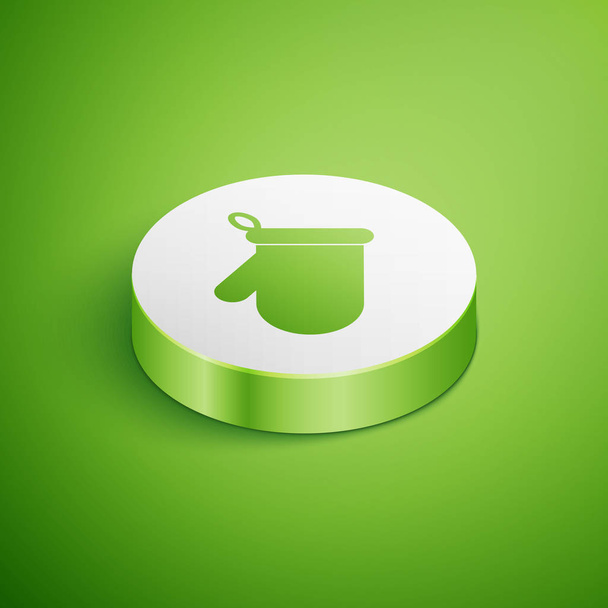 Icono del guante del horno isométrico aislado sobre fondo verde. Señal del portavasos de cocina. Guante de cocina. Botón círculo blanco. Ilustración vectorial  - Vector, Imagen