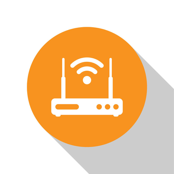 Router blanco y señal wi-fi icono de símbolo aislado sobre fondo blanco. Router de módem Ethernet inalámbrico. Internet de tecnología informática. Botón círculo naranja. Diseño plano. Ilustración vectorial
 - Vector, imagen