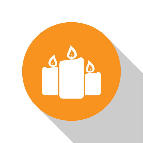 White Burning candles icon isolated on white background. Old fashioned lit candles. Cylindrical aromatic candle sticks with burning flames. Orange circle button. Flat design. Vector Illustration - Vector, Image