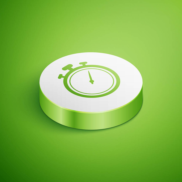 緑色の背景にアイソメで分離されたアイソメストップウォッチアイコン。タイム タイマー記号。クロノメーター記号。白い円のボタン。ベクトルイラストレーション - ベクター画像