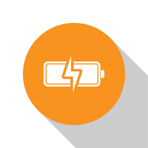 White Battery icon isolated on white background. Lightning bolt symbol. Orange circle button. Vector Illustration - Vector, Image